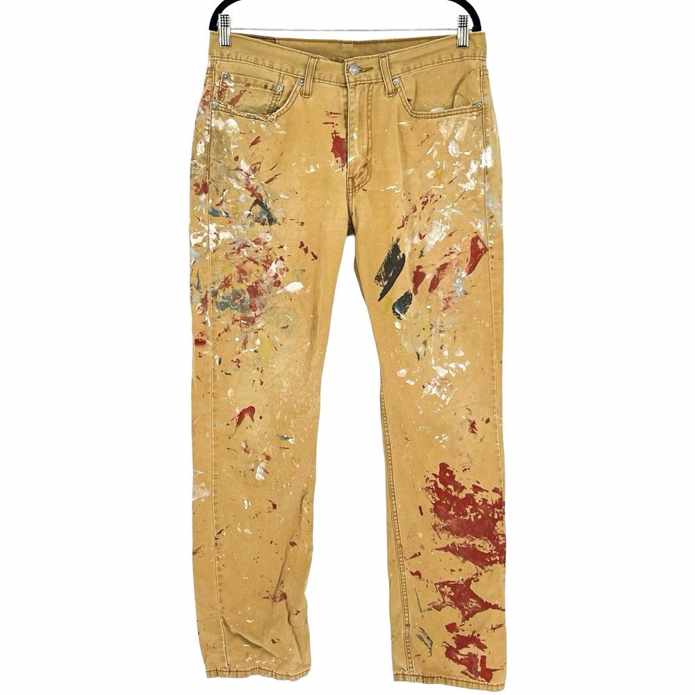 Levi's 514 Mens 34x34 Paint Splatter Tan Jeans Distressed Workwear Grunge Style